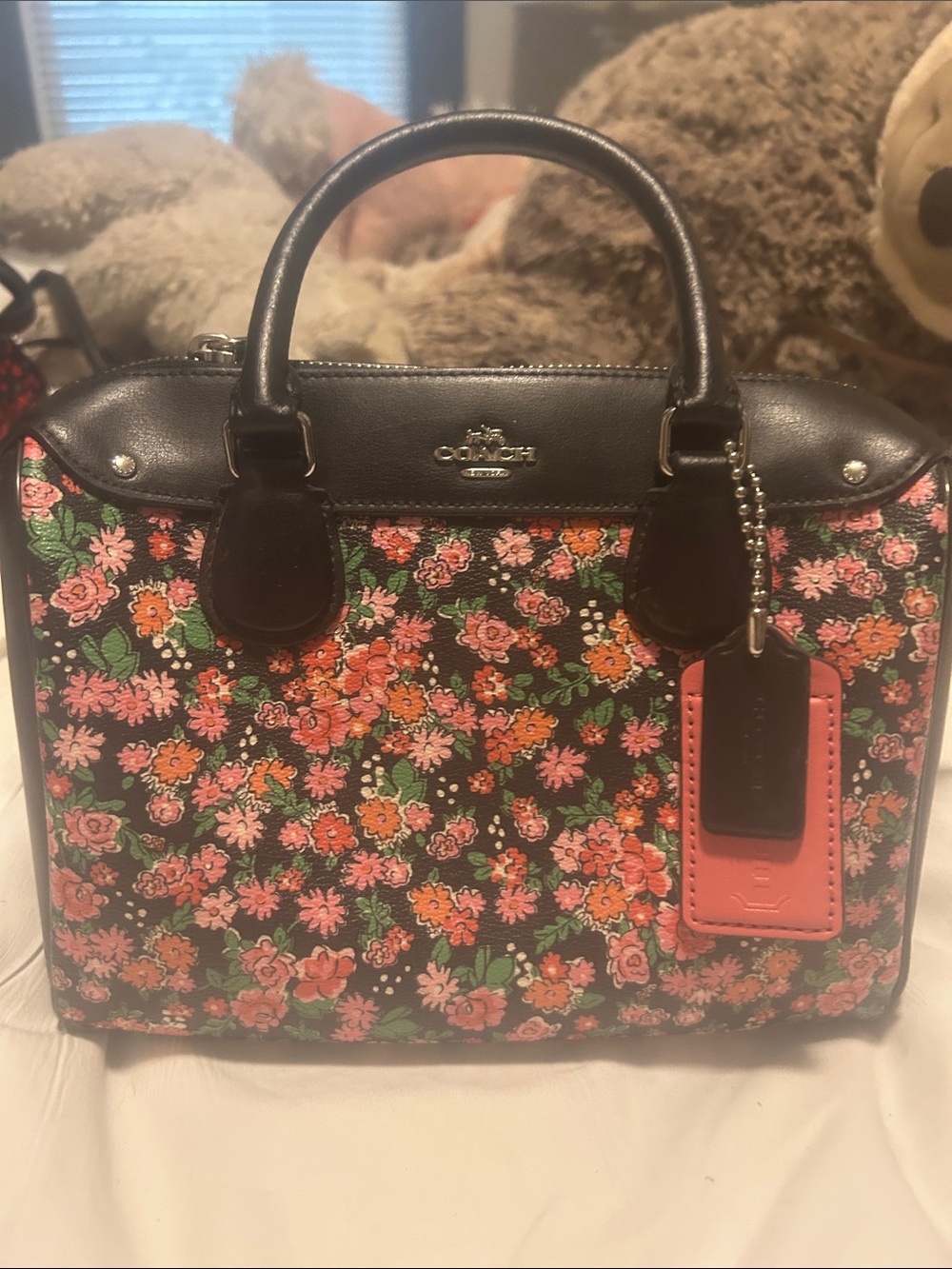 Coach Black Floral Satchel with Pink & Orange Accents